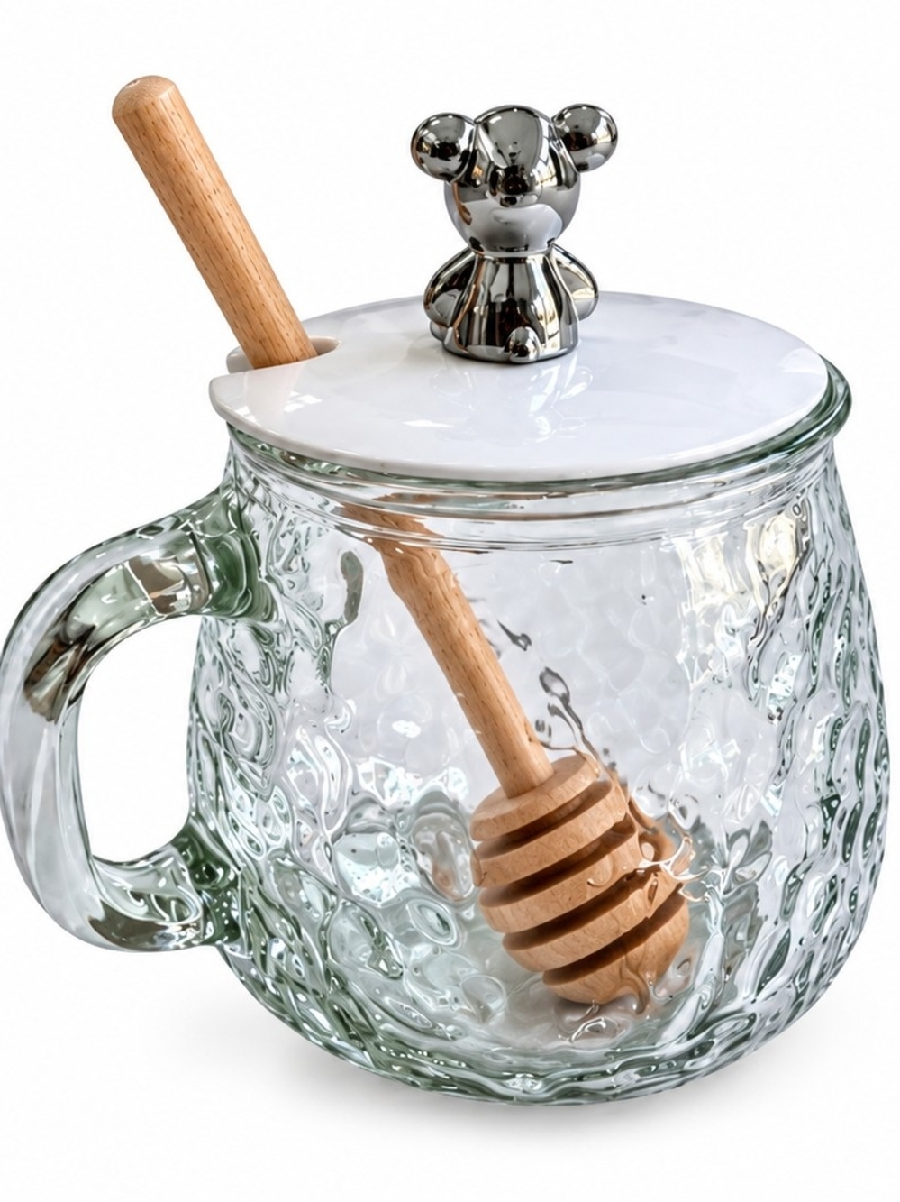 Glass Honey Mug with White Lid, Silver Bear Knob and Wooden Dipper